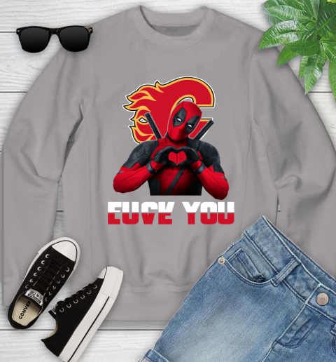 NHL Calgary Flames Deadpool Love You Fuck You Hockey Sports Youth Sweatshirt 3