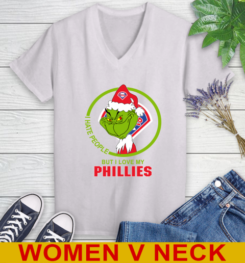 Philadelphia Phillies MLB Christmas Grinch I Hate People But I Love My Favorite Baseball Team Women's V-Neck T-Shirt