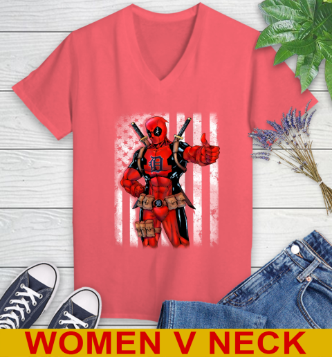 MLB Baseball Detroit Tigers Deadpool American Flag Shirt Women's V-Neck T-Shirt 6