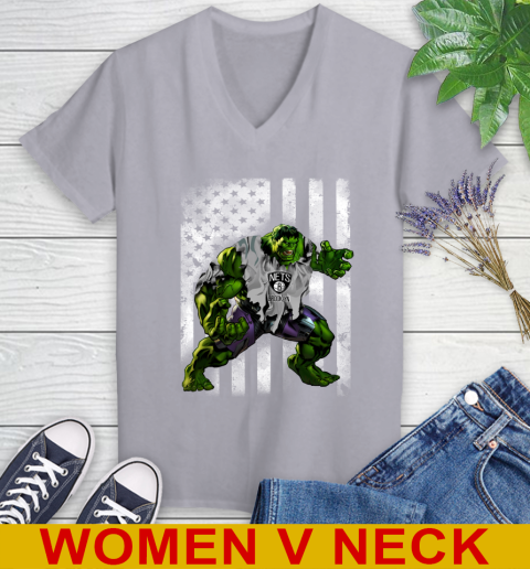 Brooklyn Nets Hulk Marvel Avengers NBA Basketball American Flag Women's V-Neck T-Shirt 4
