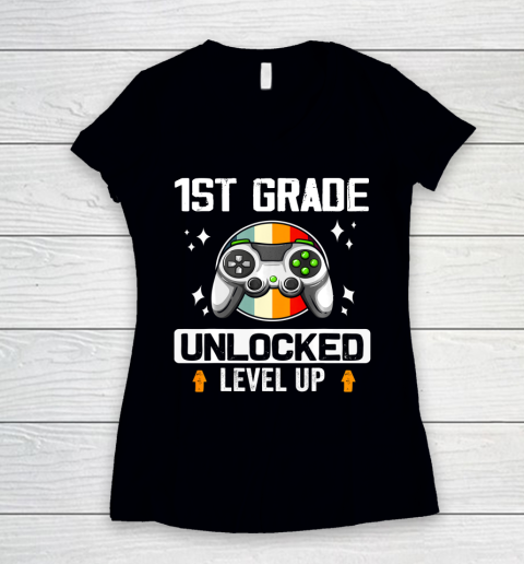 Next Level t shirts 1st Grade Unlocked Level Up Back To School First Grade Gamer Women's V-Neck T-Shirt
