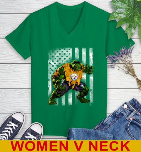 Pittsburgh Steelers Hulk Marvel Avengers NFL Football American Flag Women's V-Neck T-Shirt - Image 6