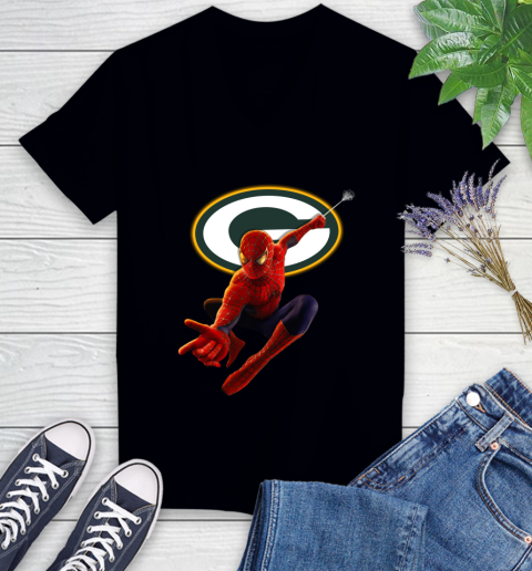 NFL Spider Man Avengers Endgame Football Green Bay Packers Women's V-Neck T-Shirt 2