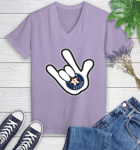 Houston Astros MLB Baseball Mickey Rock Hand Disney Women's V-Neck T-Shirt 14