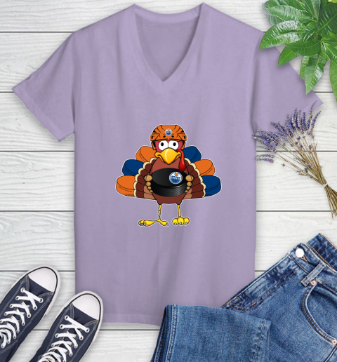 Edmonton Oilers Turkey Thanksgiving Day Women's V-Neck T-Shirt 14