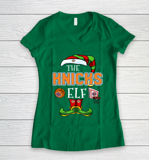 New York Knicks Christmas ELF Funny NBA Women's V-Neck T-Shirt 3