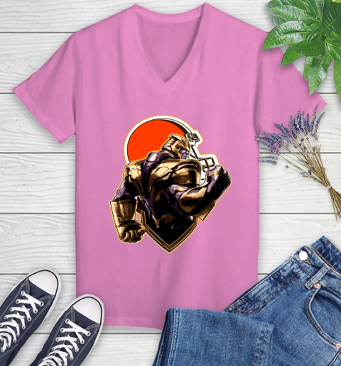 NFL Thanos Avengers Endgame Football Sports Cleveland Browns Women's V-Neck T-Shirt 14