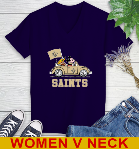 NFL Football New Orleans Saints Pluto Mickey Driving Disney Shirt Women's V-Neck T-Shirt 4