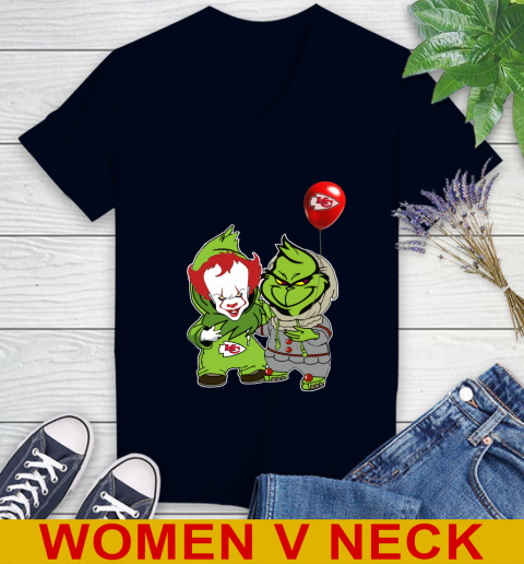 Kansas City Chiefs Baby Pennywise Grinch Christmas NFL Football Women's V-Neck T-Shirt 3
