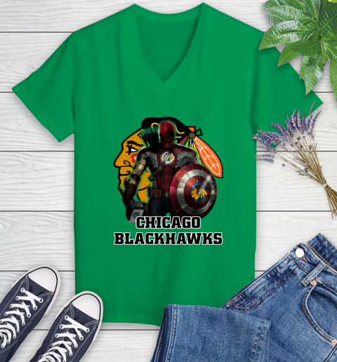 NHL Captain America Thor Spider Man Hawkeye Avengers Endgame Hockey Chicago Blackhawks Women's V-Neck T-Shirt 5