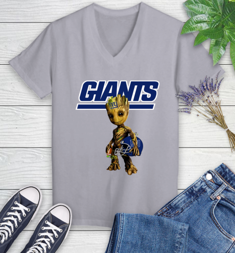 New York Giants NFL Football Groot Marvel Guardians Of The Galaxy Women's V-Neck T-Shirt 4
