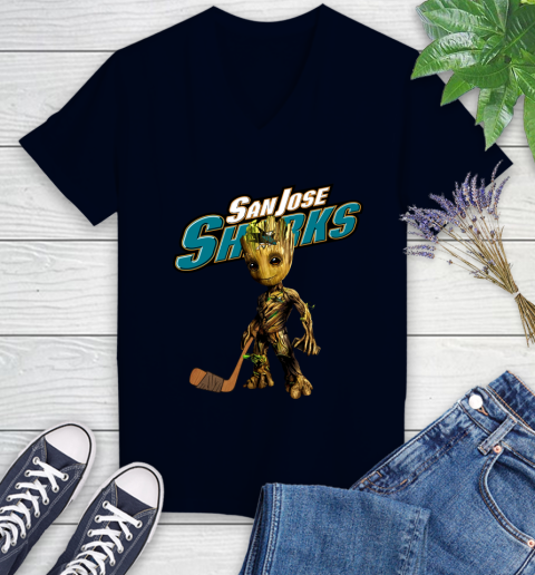San Jose Sharks NHL Hockey Groot Marvel Guardians Of The Galaxy Women's V-Neck T-Shirt 3