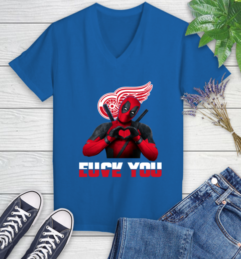 NHL Detroit Red Wings Deadpool Love You Fuck You Hockey Sports Women's V-Neck T-Shirt 10