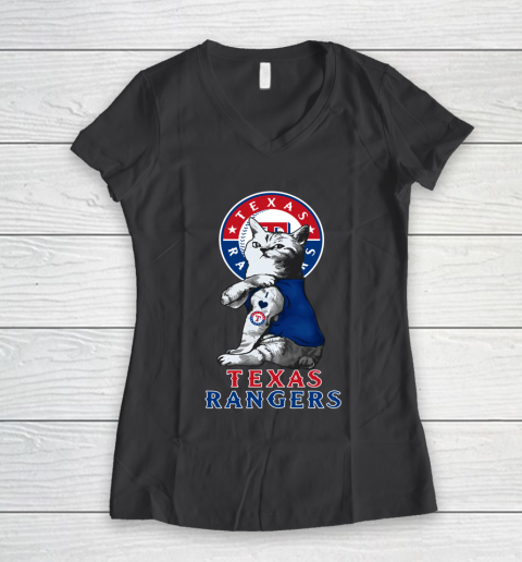 MLB Baseball My Cat Loves Texas Rangers Women's V-Neck T-Shirt 6