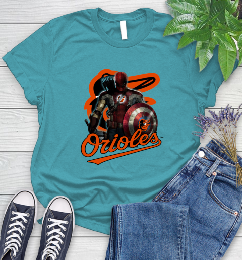 MLB Captain America Thor Spider Man Hawkeye Avengers Endgame Baseball Baltimore Orioles Women's T-Shirt 12
