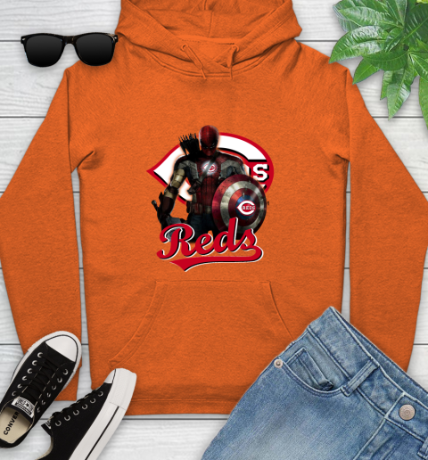 MLB Captain America Thor Spider Man Hawkeye Avengers Endgame Baseball Cincinnati Reds Youth Hoodie 5