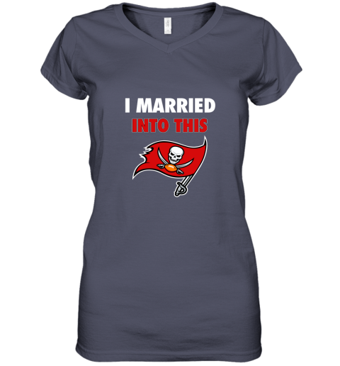 qndk i married into this tampa bay buccaneers football nfl women v neck t shirt 39 front heather navy