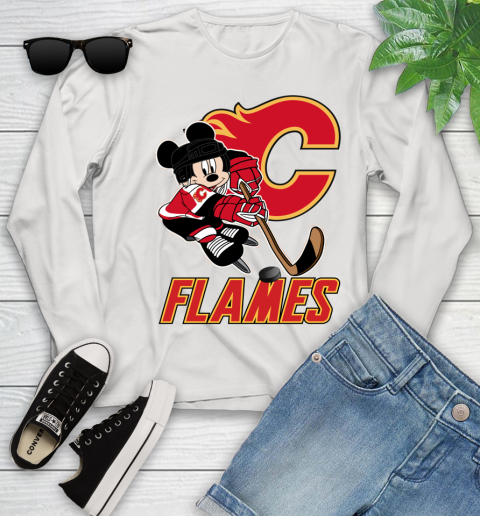 NHL Calgary Flames Mickey Mouse Disney Hockey T Shirt Youth Long Sleeve