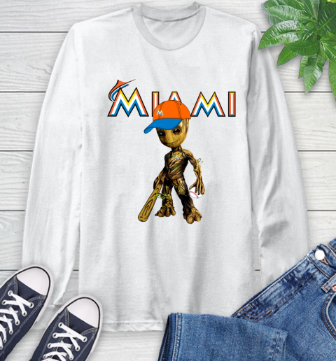 MLB Miami Marlins Groot Guardians Of The Galaxy Baseball Long Sleeve T-Shirt