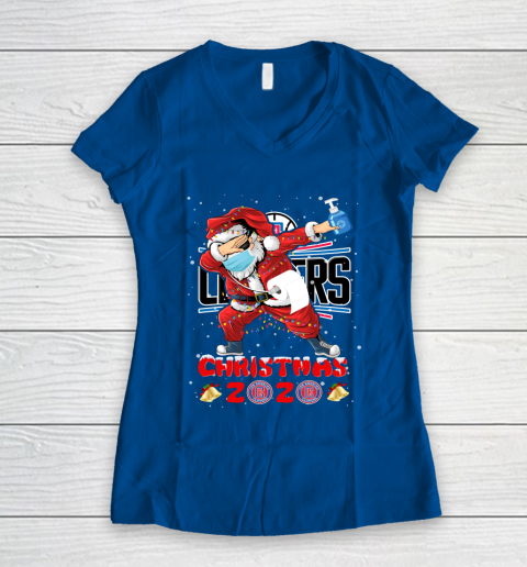 LA Clippers Funny Santa Claus Dabbing Christmas 2020 NBA Women's V-Neck T-Shirt 7