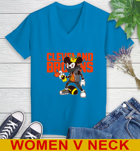Cleveland Browns NFL Football Mickey Peace Sign Sports Women's V-Neck T-Shirt 8