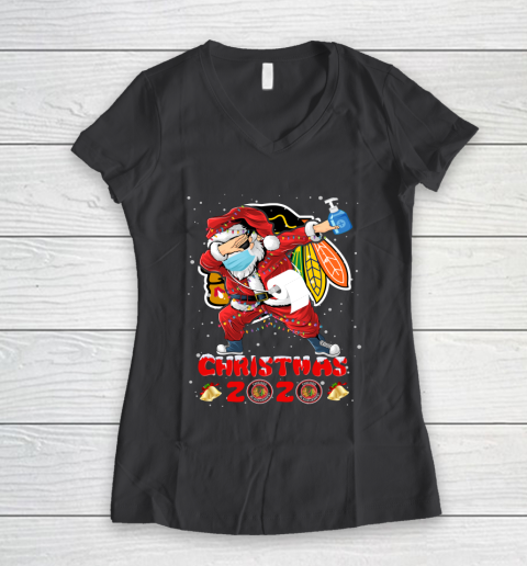 Chicago Blackhawks Funny Santa Claus Dabbing Christmas 2020 NHL Women's V-Neck T-Shirt 6