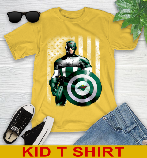 Minnesota Wild NHL Hockey Captain America Marvel Avengers American Flag Shirt Youth T-Shirt - Image 10