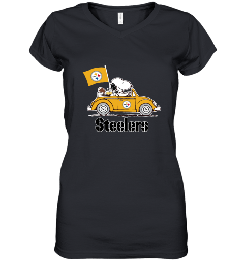 Snoopy And Woodstock Ride The Pittsburg Steelers Car NFL Women's V-Neck T-Shirt