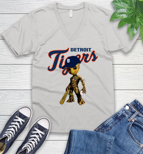 MLB Detroit Tigers Groot Guardians Of The Galaxy Baseball V-Neck T-Shirt
