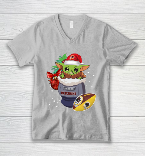 Washington Redskins Christmas Baby Yoda Star Wars Funny Happy NFL V-Neck T-Shirt 4