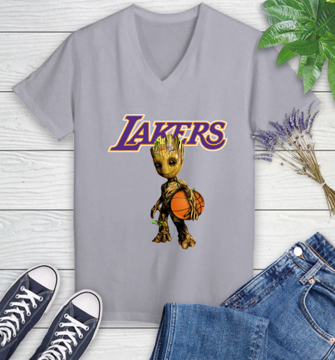 Los Angeles Lakers NBA Basketball Groot Marvel Guardians Of The Galaxy Women's V-Neck T-Shirt 4