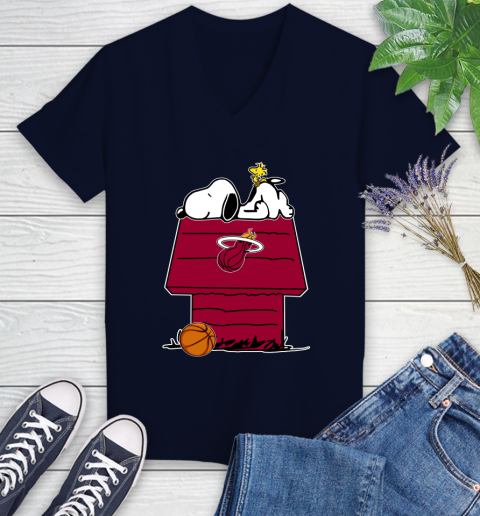 Miami Heat NBA Basketball Snoopy Woodstock The Peanuts Movie Women's V-Neck T-Shirt 3