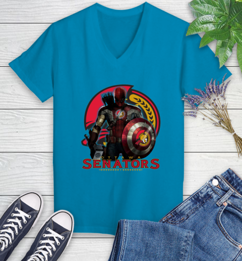 NHL Captain America Thor Spider Man Hawkeye Avengers Endgame Hockey Ottawa Senators Women's V-Neck T-Shirt 7