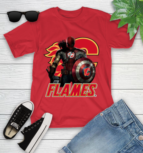 NHL Captain America Thor Spider Man Hawkeye Avengers Endgame Hockey Calgary Flames Youth T-Shirt 10