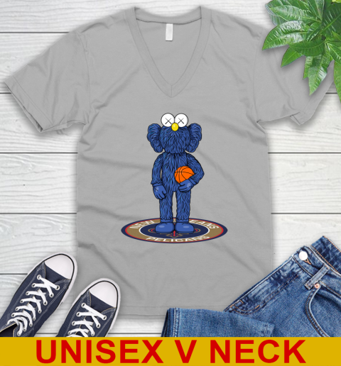 NBA Basketball New Orleans Pelicans Kaws Bff Blue Figure Shirt V-Neck T-Shirt 4