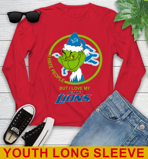 Detroit Lions NFL Christmas Grinch I Hate People But I Love My Favorite Football Team Youth Long Sleeve 11