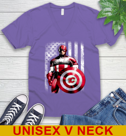 Calgary Flames NHL Hockey Captain America Marvel Avengers American Flag Shirt V-Neck T-Shirt 8
