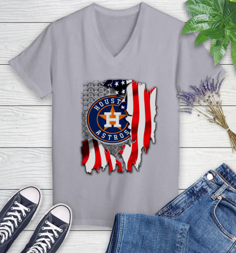 Houston Astros MLB Baseball American Flag Women's V-Neck T-Shirt 4