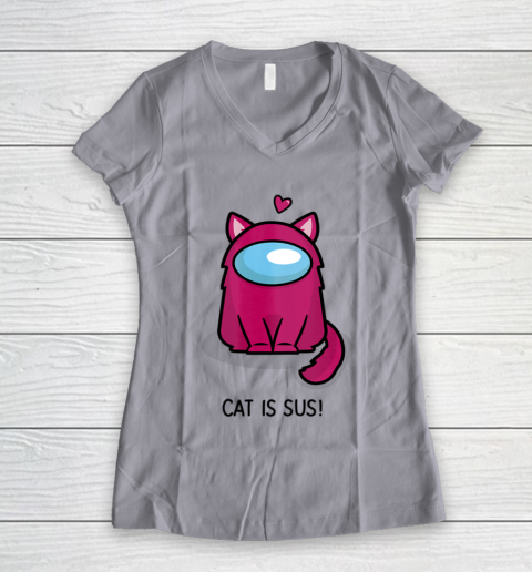 Among Us Game Shirt Cute Cat Astronaut Among me or us Nerdy Girl Gamer Women's V-Neck T-Shirt 2