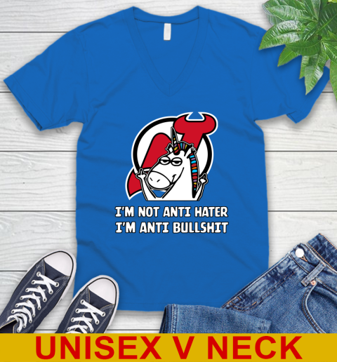 New Jersey Devils NHL Hockey Unicorn I'm Not Anti Hater I'm Anti Bullshit V-Neck T-Shirt 6