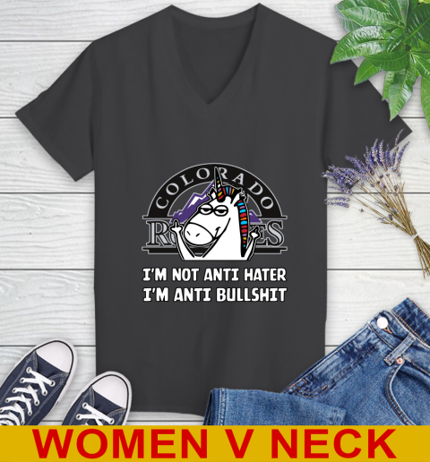 Colorado Rockies MLB Baseball Unicorn I'm Not Anti Hater I'm Anti Bullshit Women's V-Neck T-Shirt 9