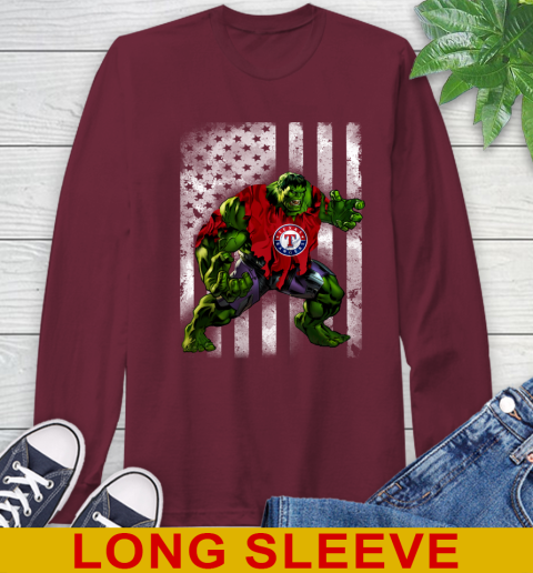 Texas Rangers Hulk Marvel Avengers MLB Baseball American Flag Long Sleeve T-Shirt 7