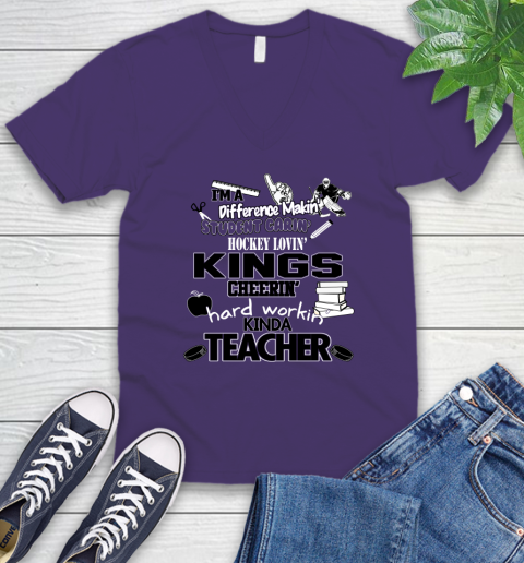 Los Angeles Kings NHL I'm A Difference Making Student Caring Hockey Loving Kinda Teacher V-Neck T-Shirt 9