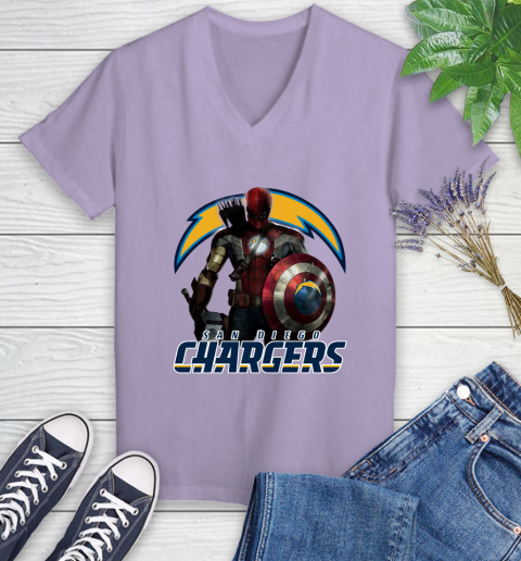 NFL Captain America Thor Spider Man Hawkeye Avengers Endgame Football San Diego Chargers Women's V-Neck T-Shirt 14