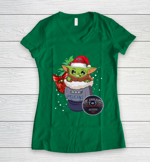 New Orleans Pelicans Christmas Baby Yoda Star Wars Funny Happy NBA Women's V-Neck T-Shirt 5