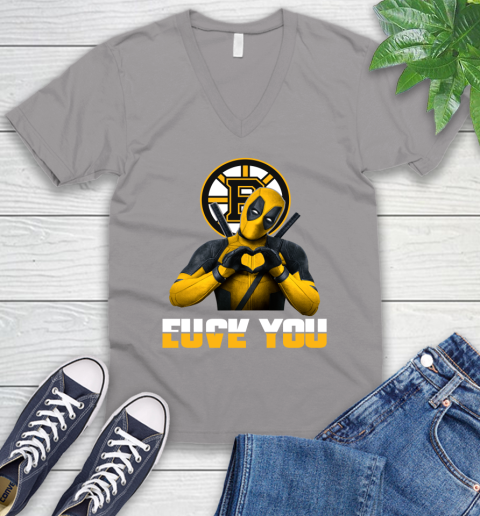 NHL Boston Bruins Deadpool Love You Fuck You Hockey Sports V-Neck T-Shirt 3