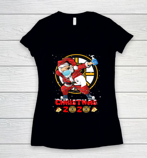 Boston Bruins Funny Santa Claus Dabbing Christmas 2020 NHL Women's V-Neck T-Shirt