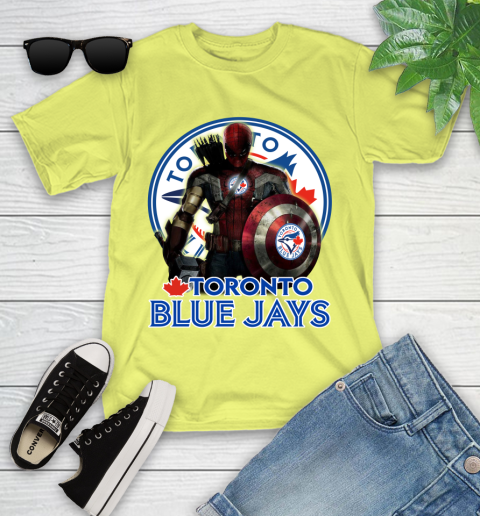 MLB Captain America Thor Spider Man Hawkeye Avengers Endgame Baseball Toronto Blue Jays Youth T-Shirt 8
