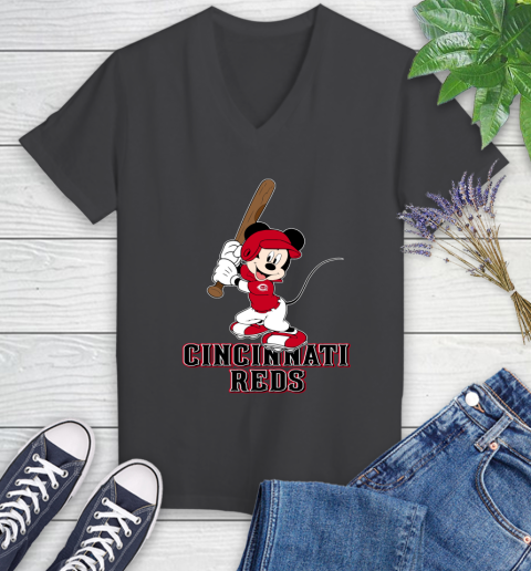 MLB Baseball Cincinnati Reds Cheerful Mickey Mouse Shirt Women's V-Neck T-Shirt 7