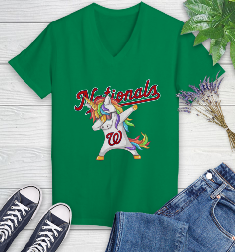 Washington Nationals MLB Baseball Funny Unicorn Dabbing Sports Women's V-Neck T-Shirt 5